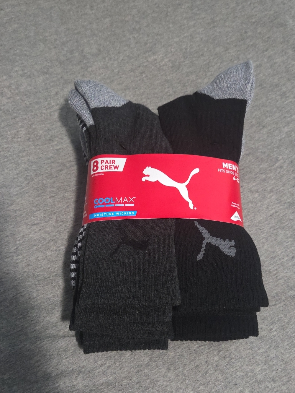 PUMA Men’s Black Crew Socks 8 Pack Black-Grey Mens Size 6-12